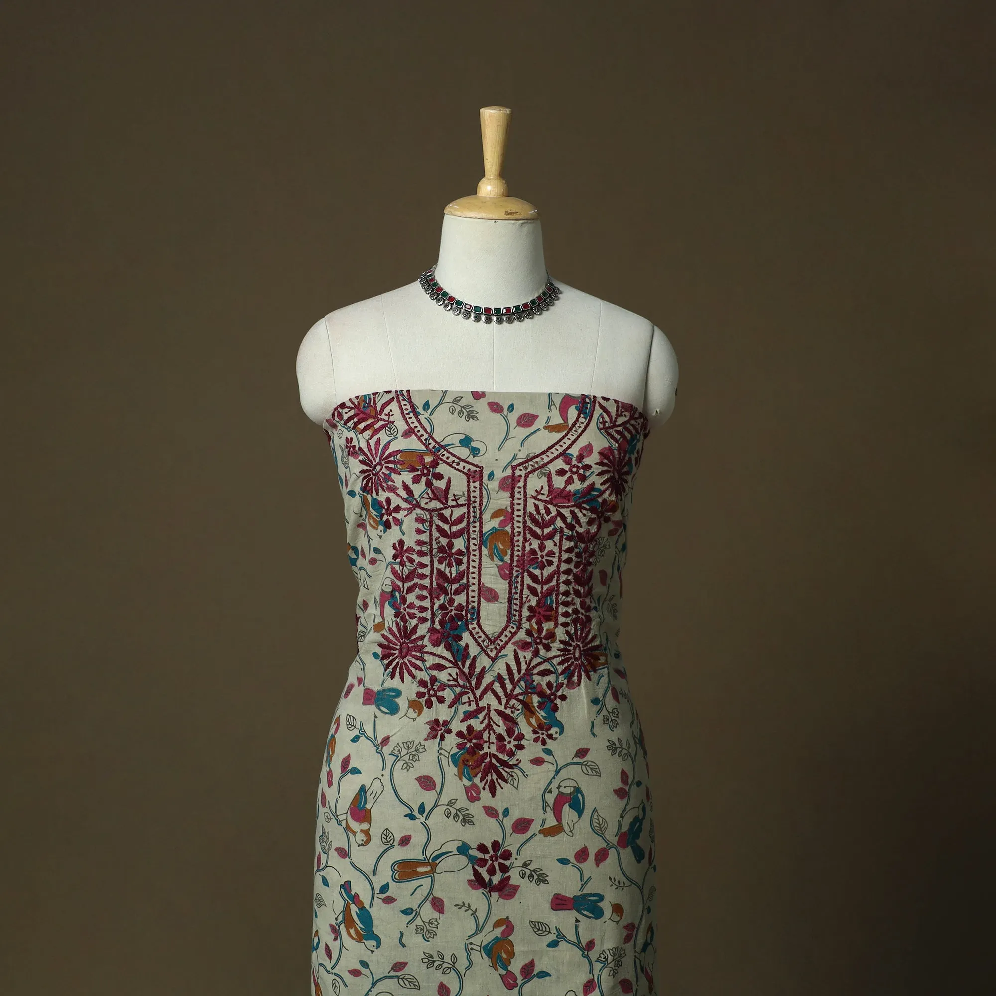 Grey - Lucknowi Chikankari Hand Work Kalamkari Unstitched Kurta Material (3M) 39 sold by Itokri product image thumbnail 2