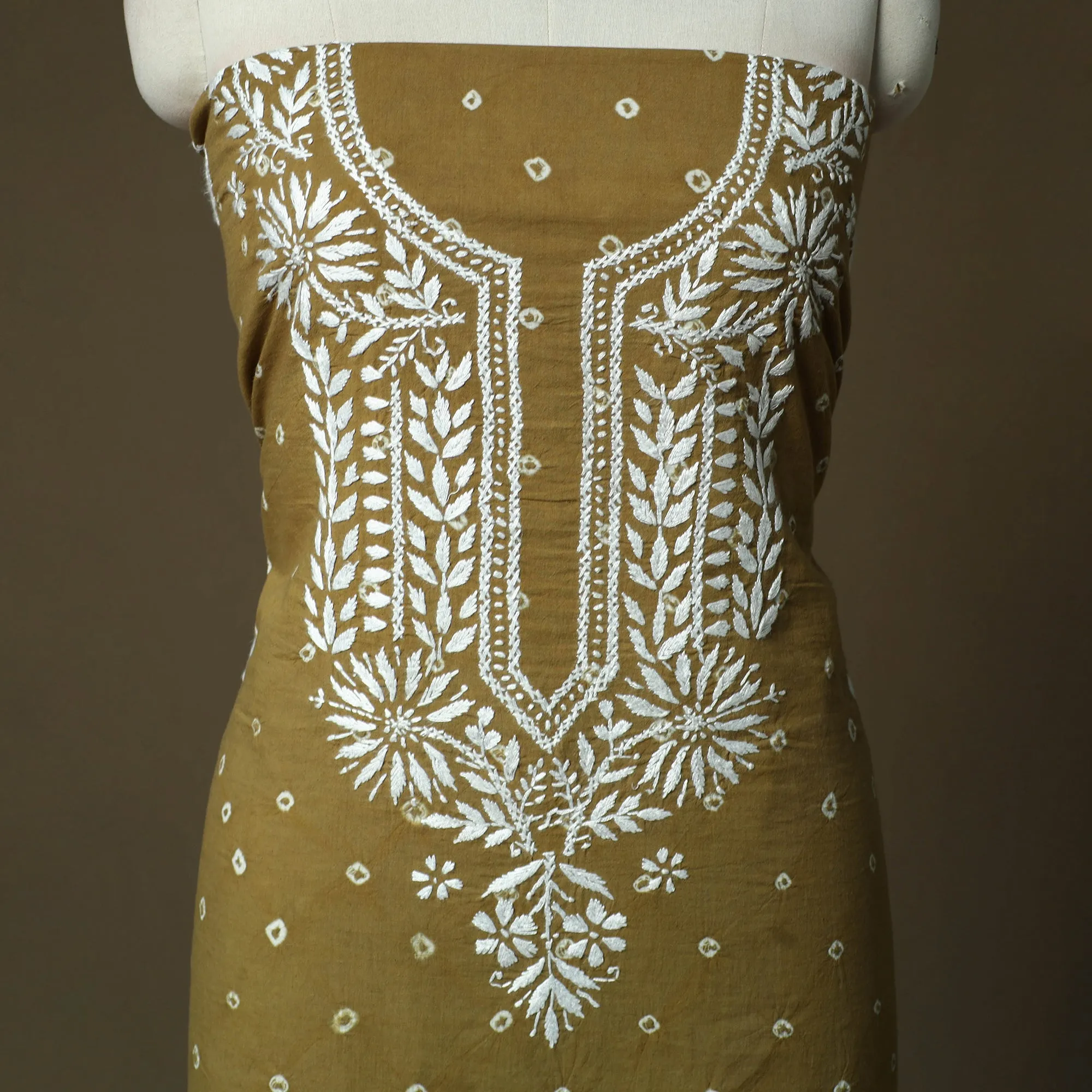 Lucknowi Chikankari Hand Work Bandhani Unstitched Kurta Material (3M) 15 sold by Itokri product image thumbnail 3