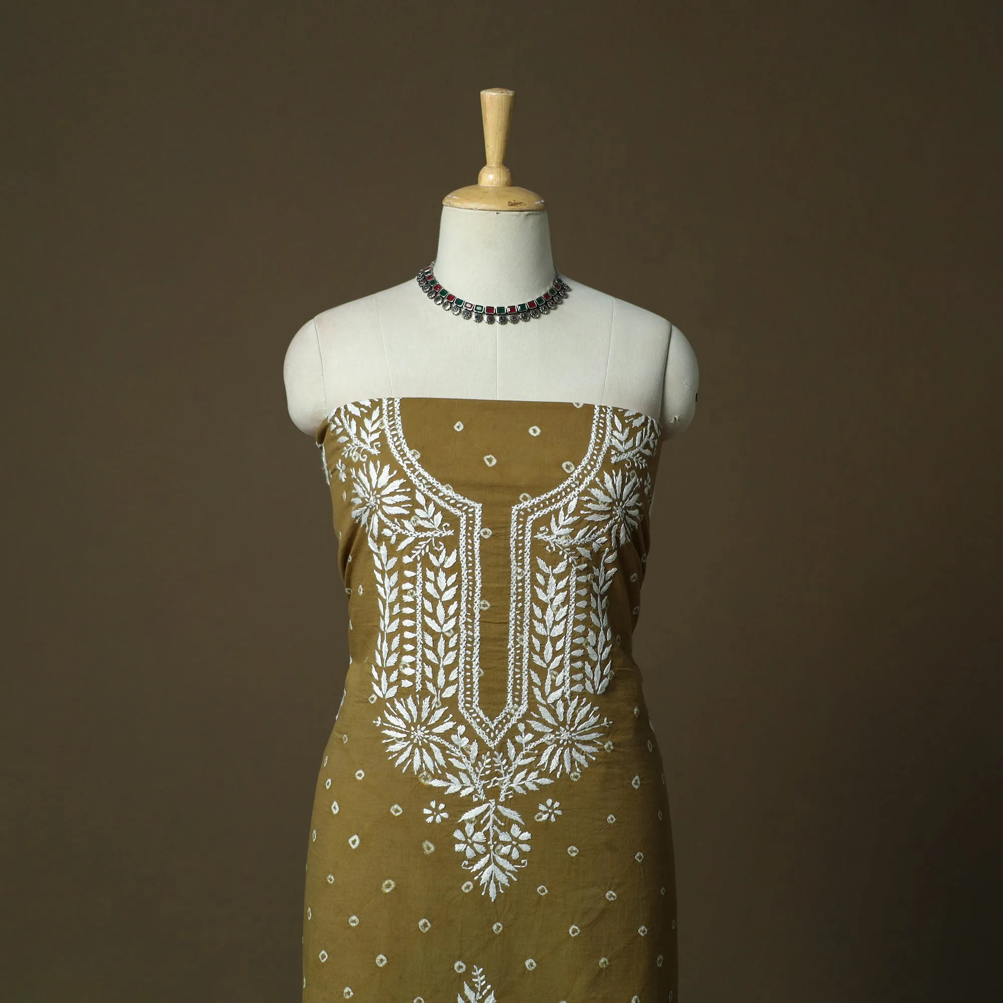 Lucknowi Chikankari Hand Work Bandhani Unstitched Kurta Material (3M) 15 sold by Itokri product image thumbnail 2