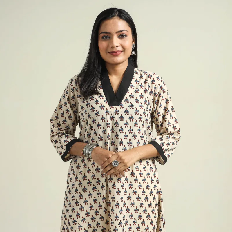 Beige - Cream with Flower - Ajrakh Hand Block Printed Cotton Straight Kurta sold by Itokri
