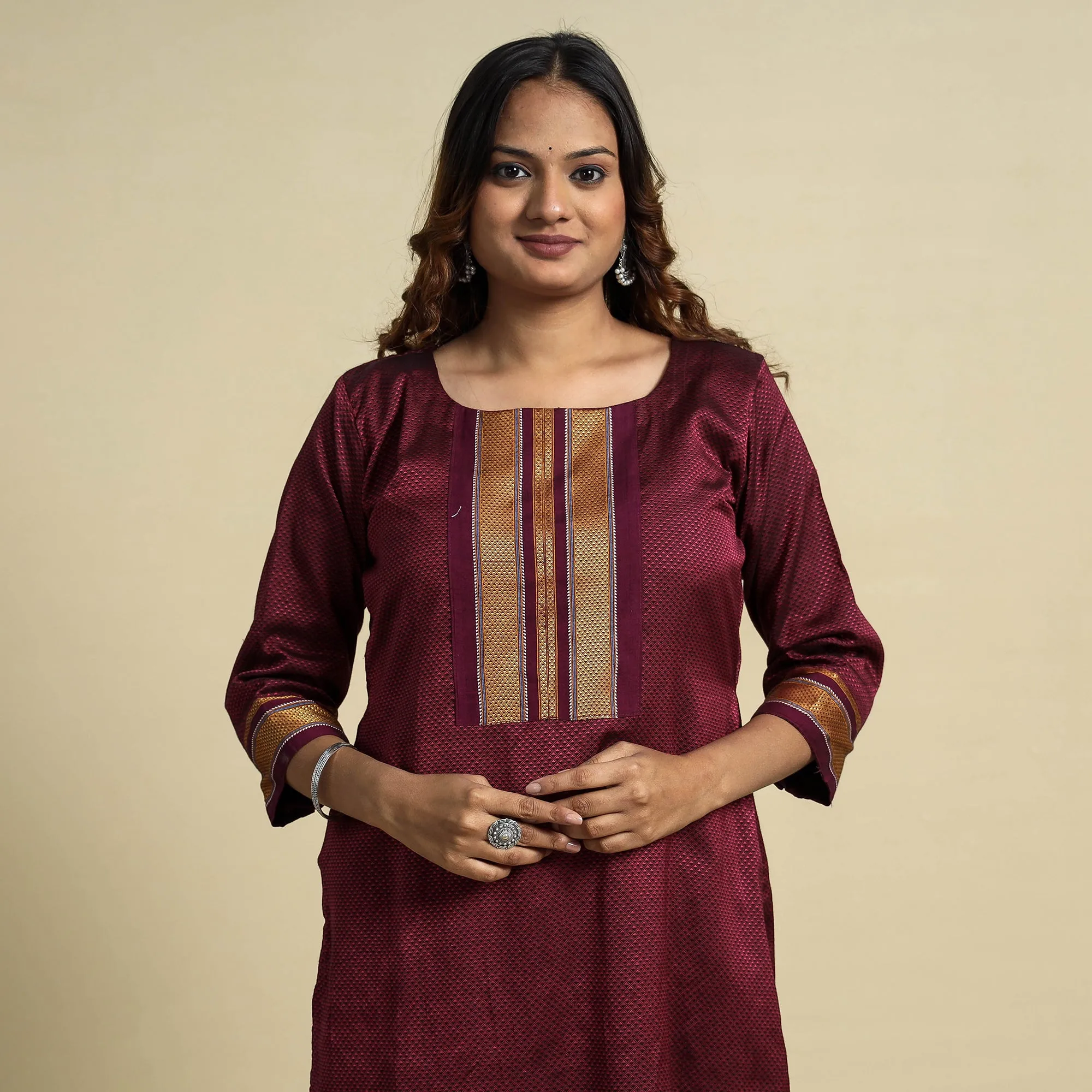 Pink - Khun Weave Cotton Straight Kurta sold by Itokri