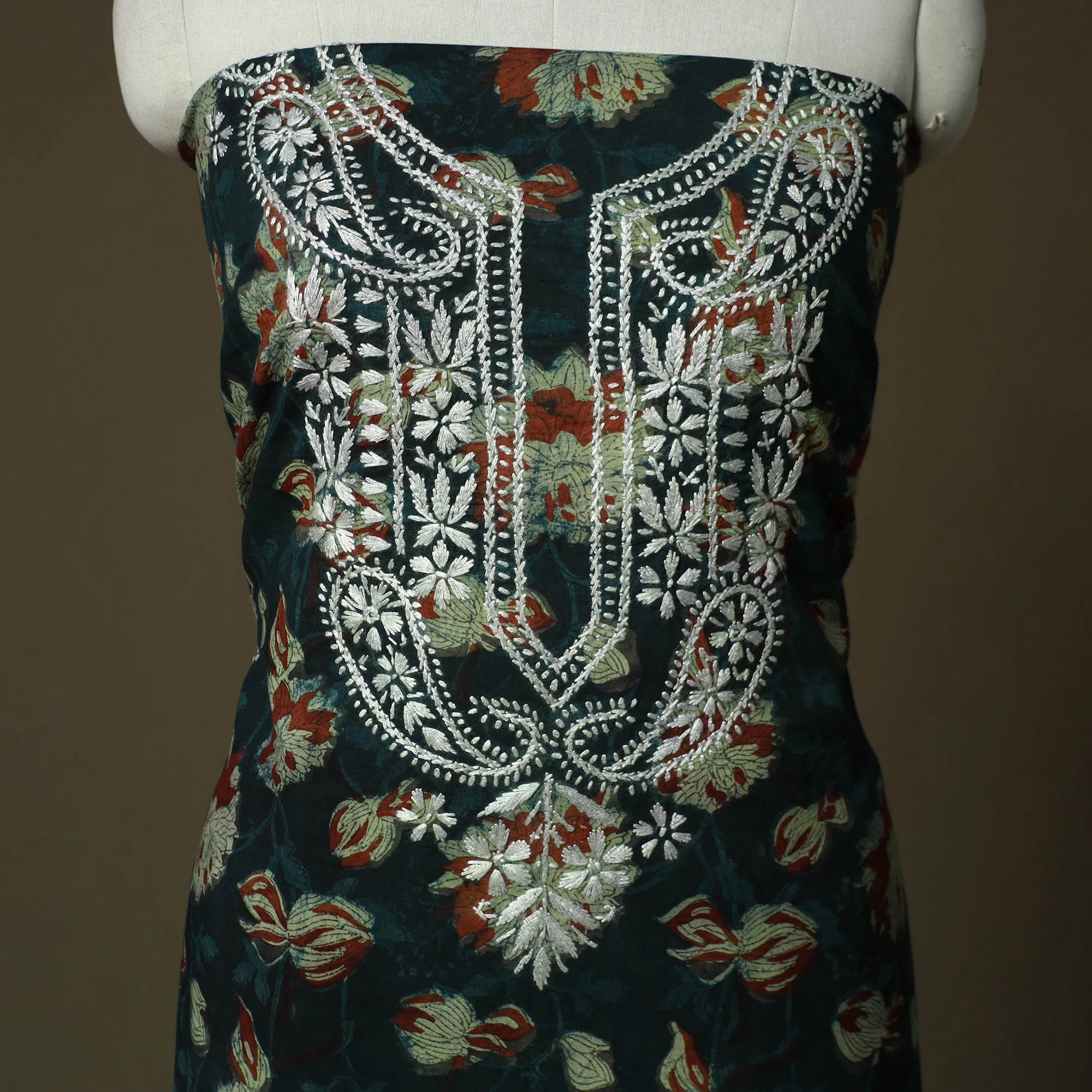 Blue - Lucknowi Chikankari Hand Work Bagru Block Print Unstitched Kurta Material (2.5M) 06 sold by Itokri product image thumbnail 3