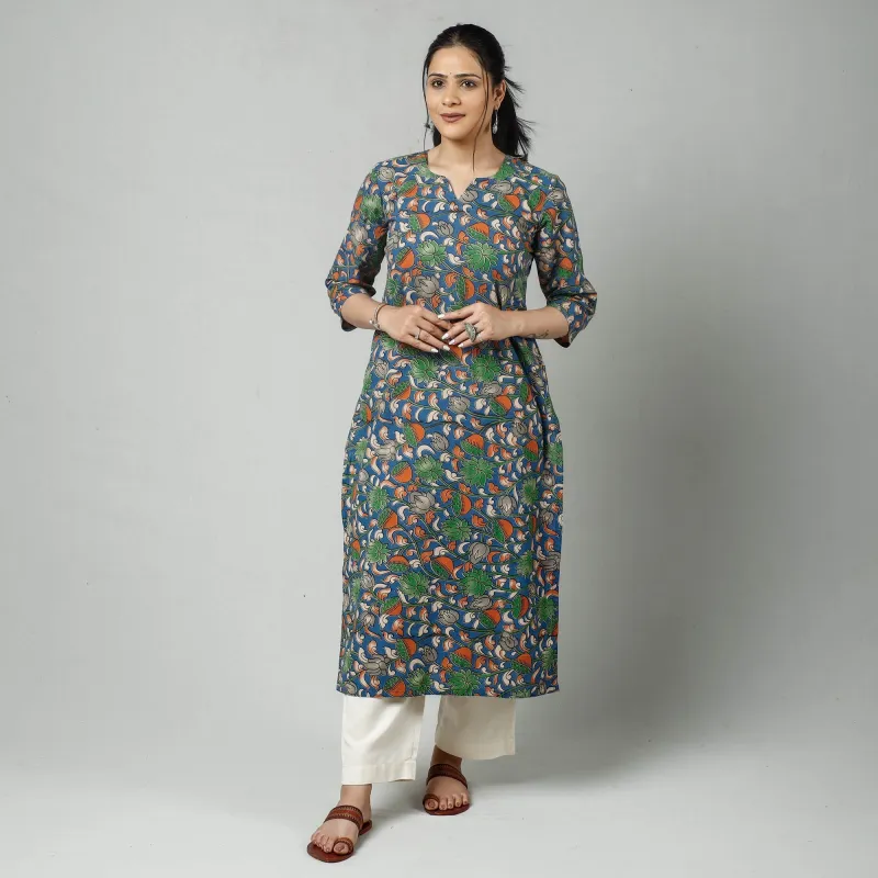Blue - Kalamkari Printed Cotton Kurta made by Itokri