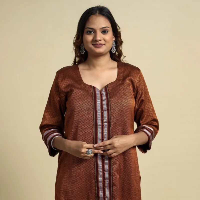 Brown - Khun Weave Cotton Straight Kurta made by Itokri