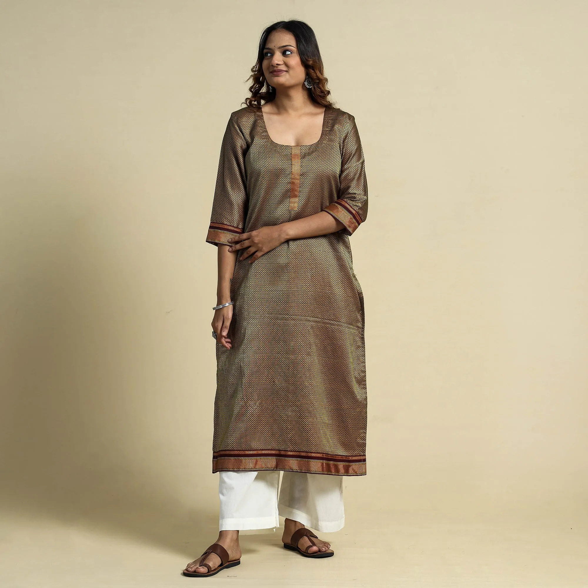 Green - Yellow - Khun Weave Cotton Straight Kurta sold by Itokri product image thumbnail 3