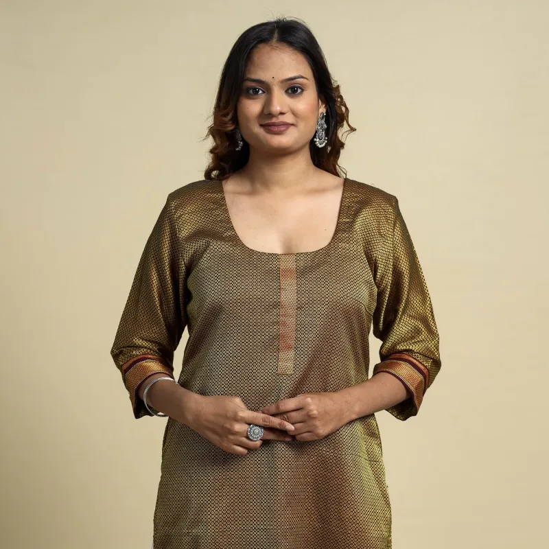 Green - Yellow - Khun Weave Cotton Straight Kurta made by Itokri