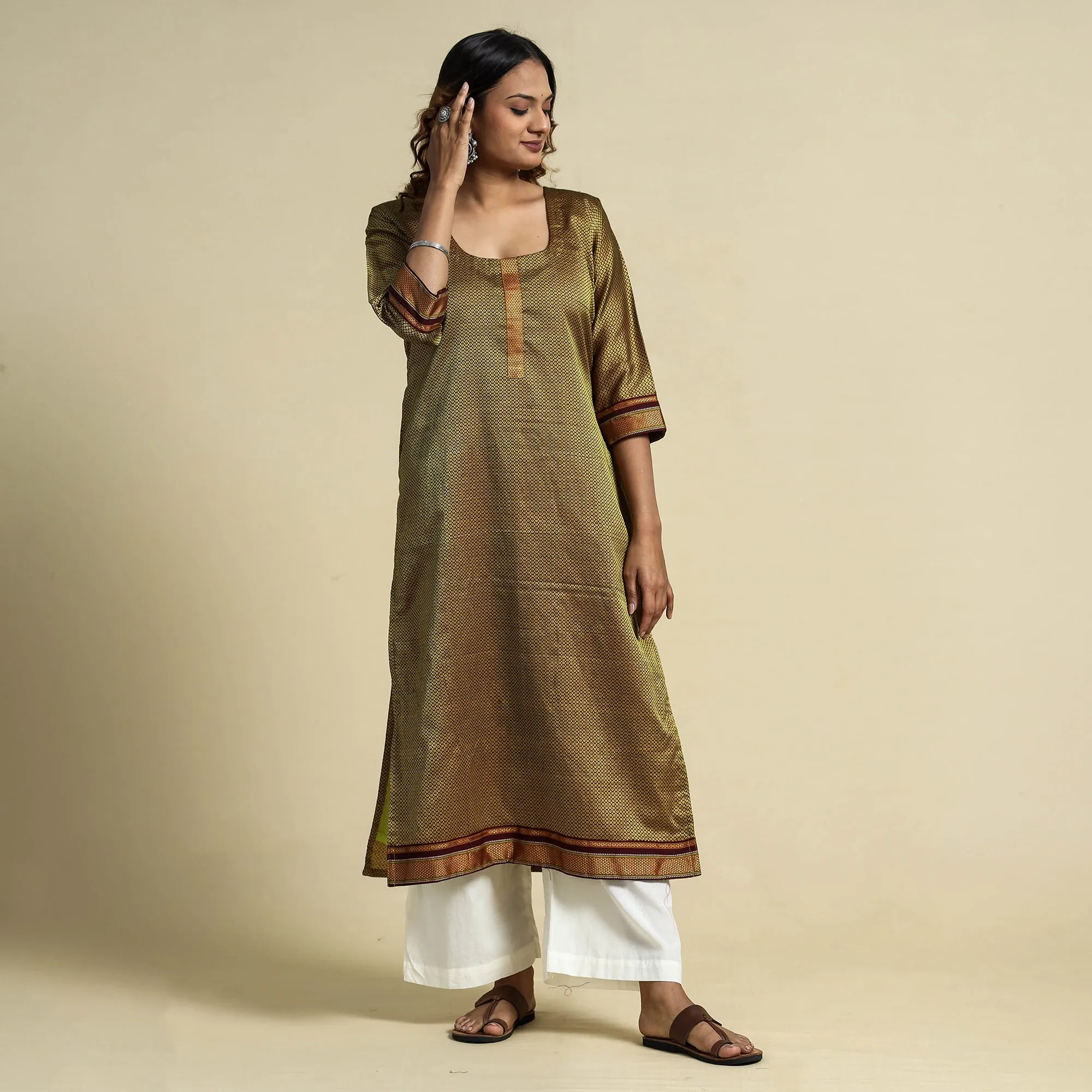 Green - Yellow - Khun Weave Cotton Straight Kurta sold by Itokri product image thumbnail 2