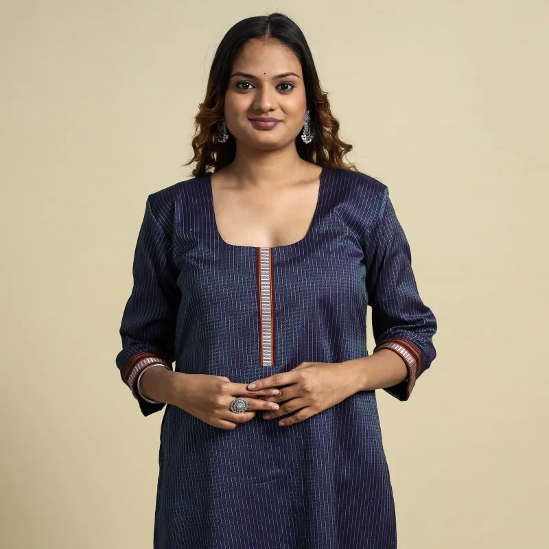 Blue - Khun Weave Cotton Straight Kurta made by Itokri