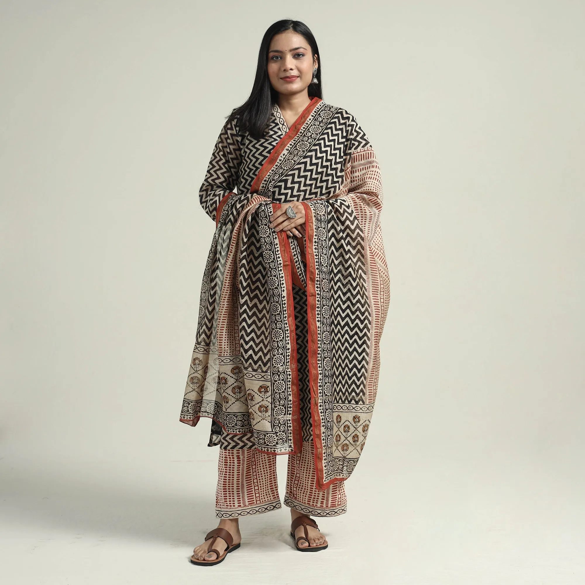 Black - Bagru Block Printed Chanderi Silk Kurta with Palazzo & Dupatta Set sold by Itokri product image thumbnail 2