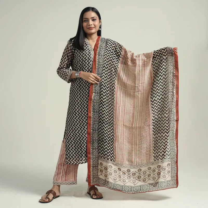 Black - Bagru Block Printed Chanderi Silk Kurta with Palazzo & Dupatta Set sold by Itokri