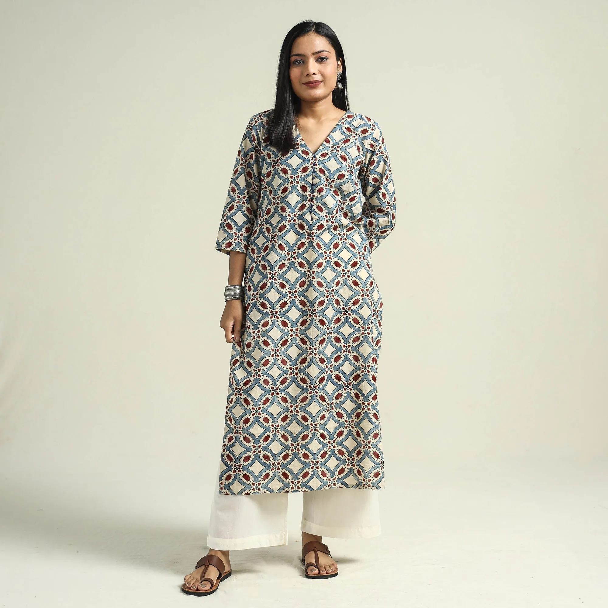 Beige - Cream with Geometric - Ajrakh Hand Block Printed Cotton Straight Kurta sold by Itokri product image thumbnail 3
