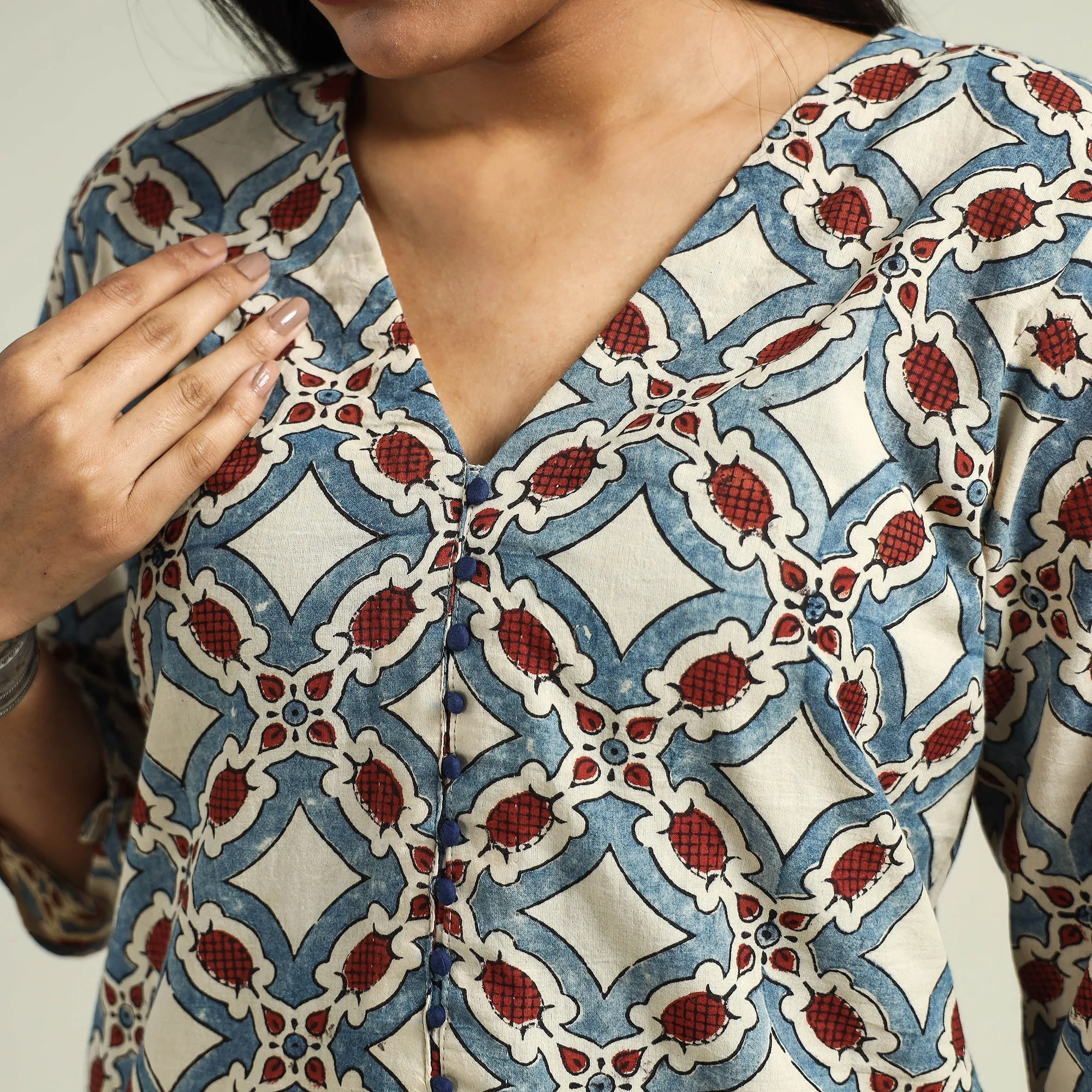 Beige - Cream with Geometric - Ajrakh Hand Block Printed Cotton Straight Kurta sold by Itokri product image thumbnail 4