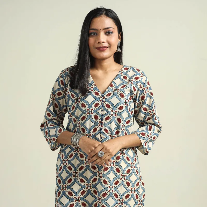 Beige - Cream with Geometric - Ajrakh Hand Block Printed Cotton Straight Kurta sold by Itokri