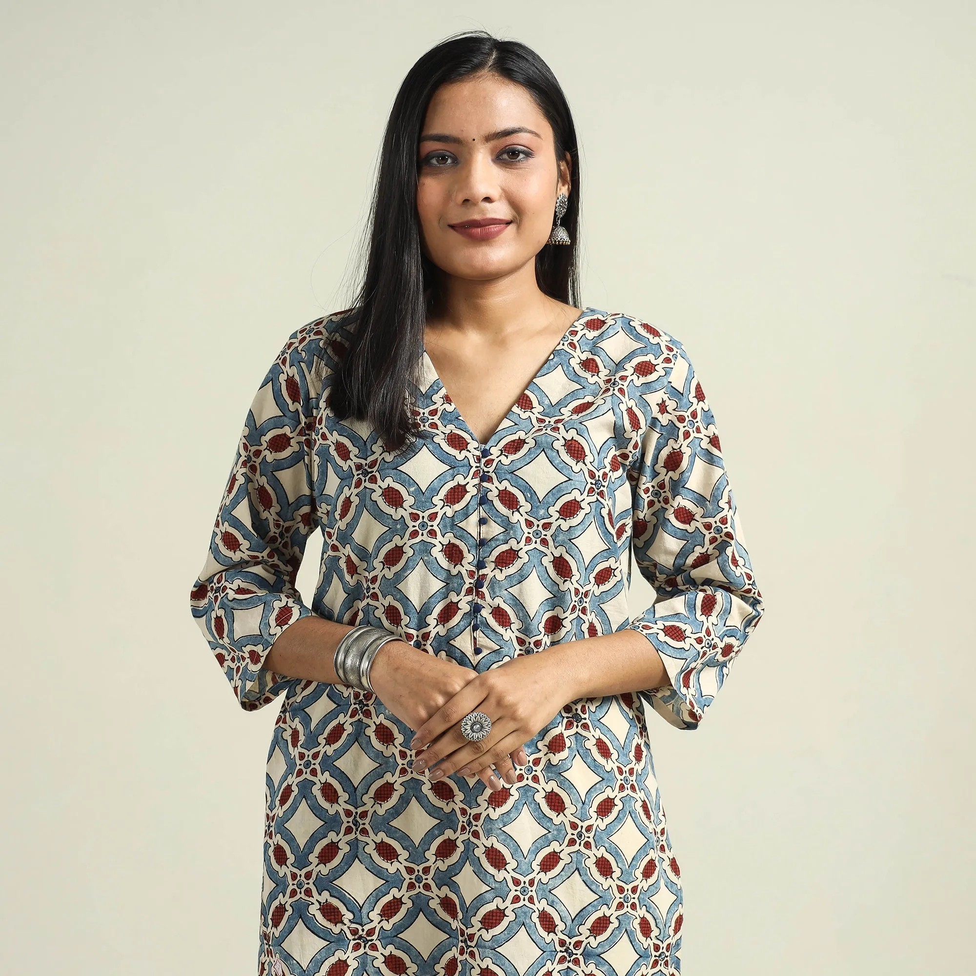 Beige - Cream with Geometric - Ajrakh Hand Block Printed Cotton Straight Kurta sold by Itokri