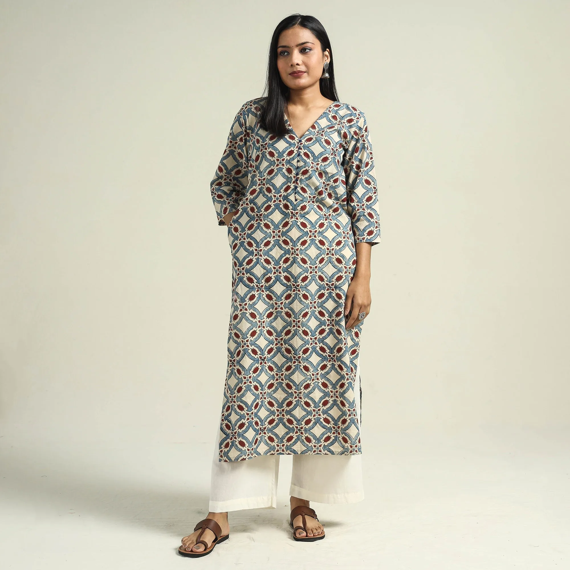 Beige - Cream with Geometric - Ajrakh Hand Block Printed Cotton Straight Kurta sold by Itokri product image thumbnail 2