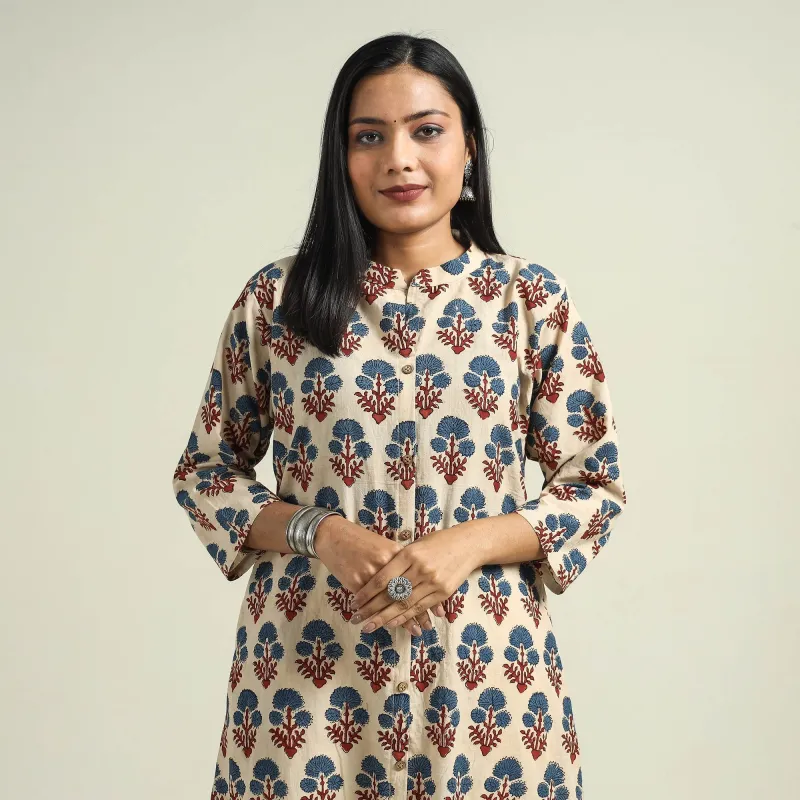 Beige - Cream - with Flower Ajrakh Hand Block Printed Cotton Kurta sold by Itokri