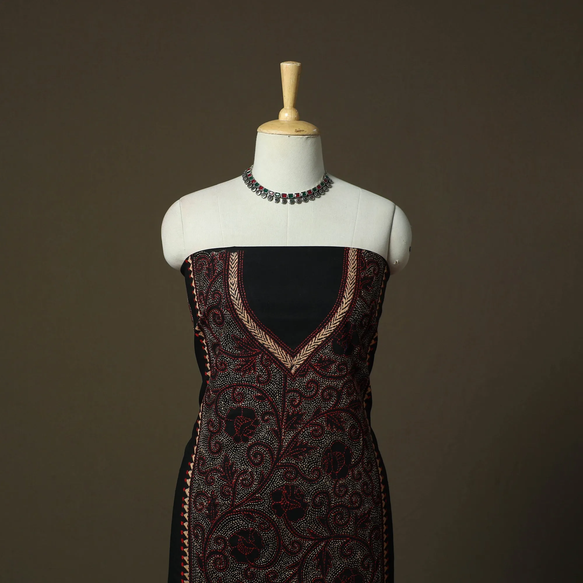 Black - Bengal Kantha Hand Embroidered Cotton Unstitched Kurta Material (2.85M) 50 sold by Itokri product image thumbnail 2