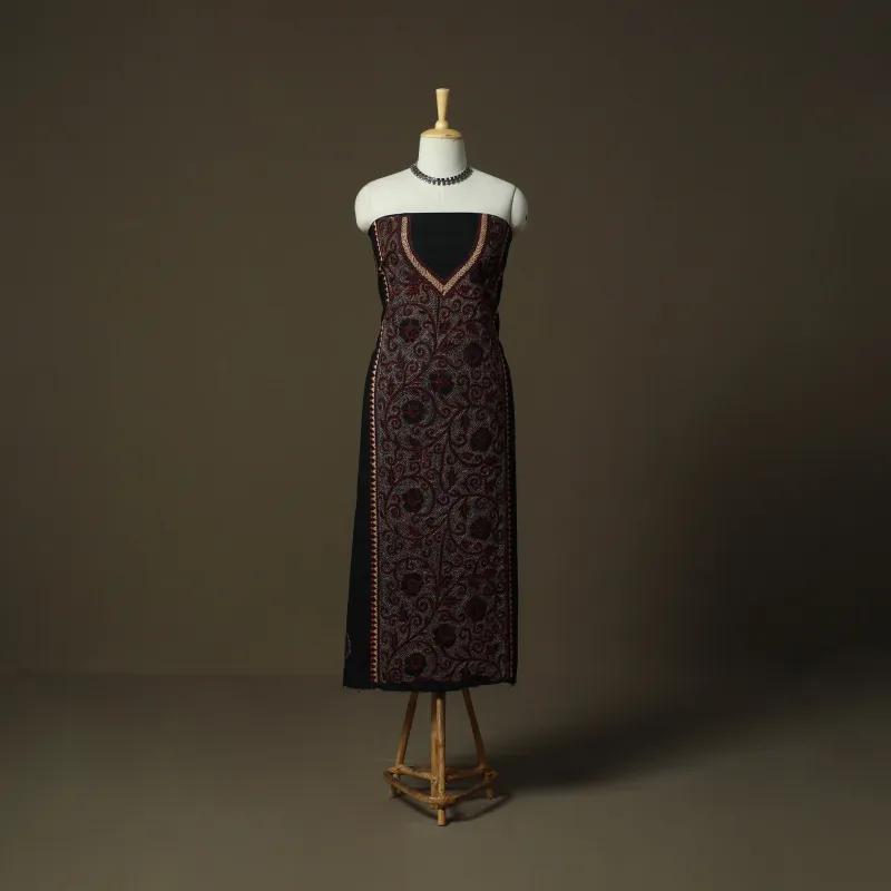 Black - Bengal Kantha Hand Embroidered Cotton Unstitched Kurta Material (2.85M) 50 made by Itokri