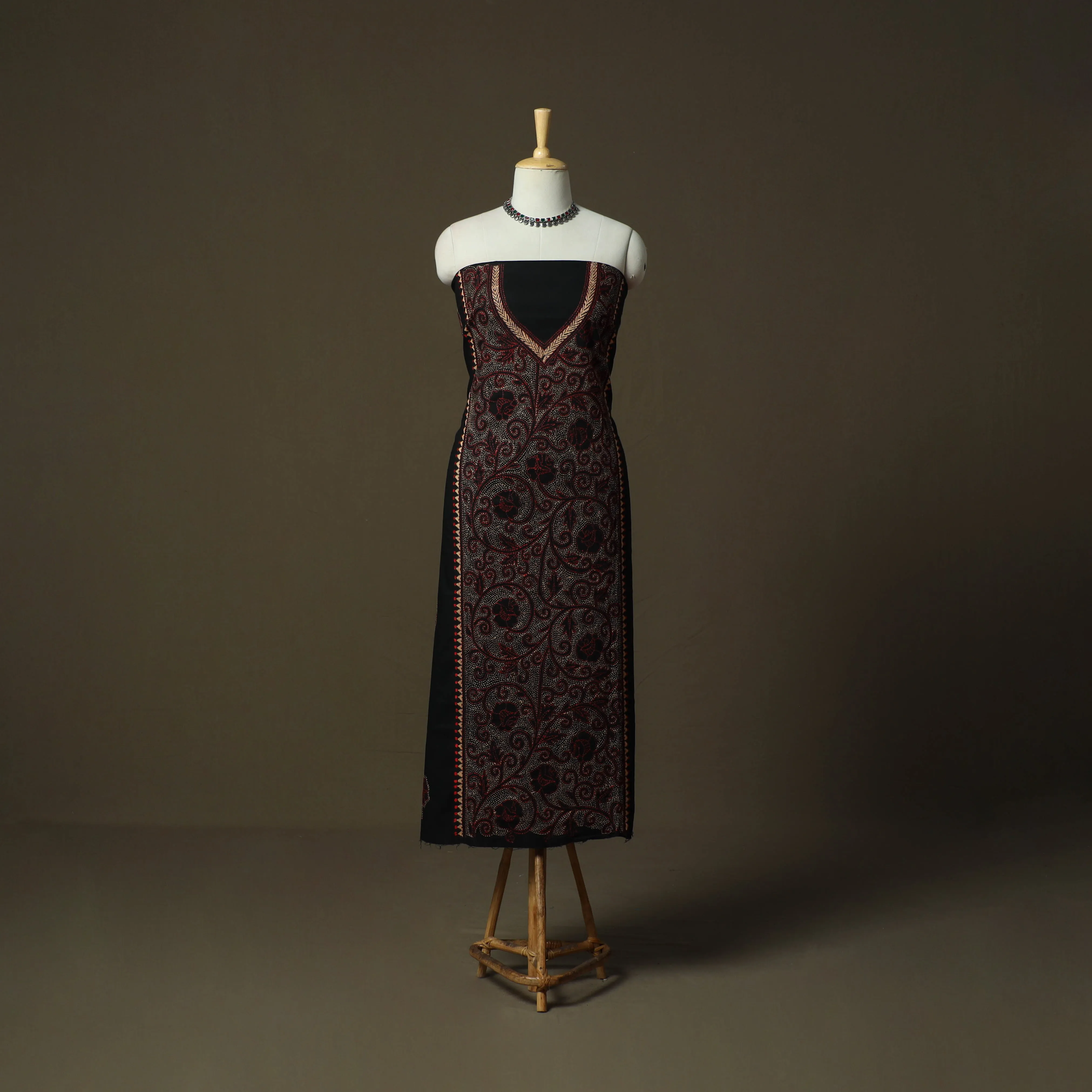 Black - Bengal Kantha Hand Embroidered Cotton Unstitched Kurta Material (2.85M) 50 sold by Itokri