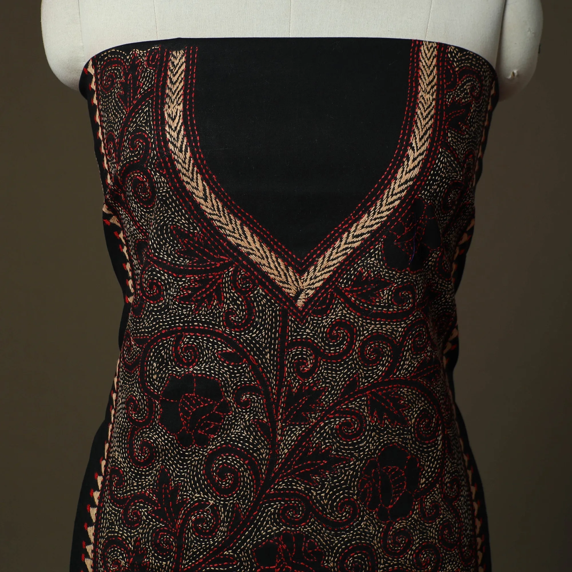 Black - Bengal Kantha Hand Embroidered Cotton Unstitched Kurta Material (2.85M) 50 sold by Itokri product image thumbnail 3