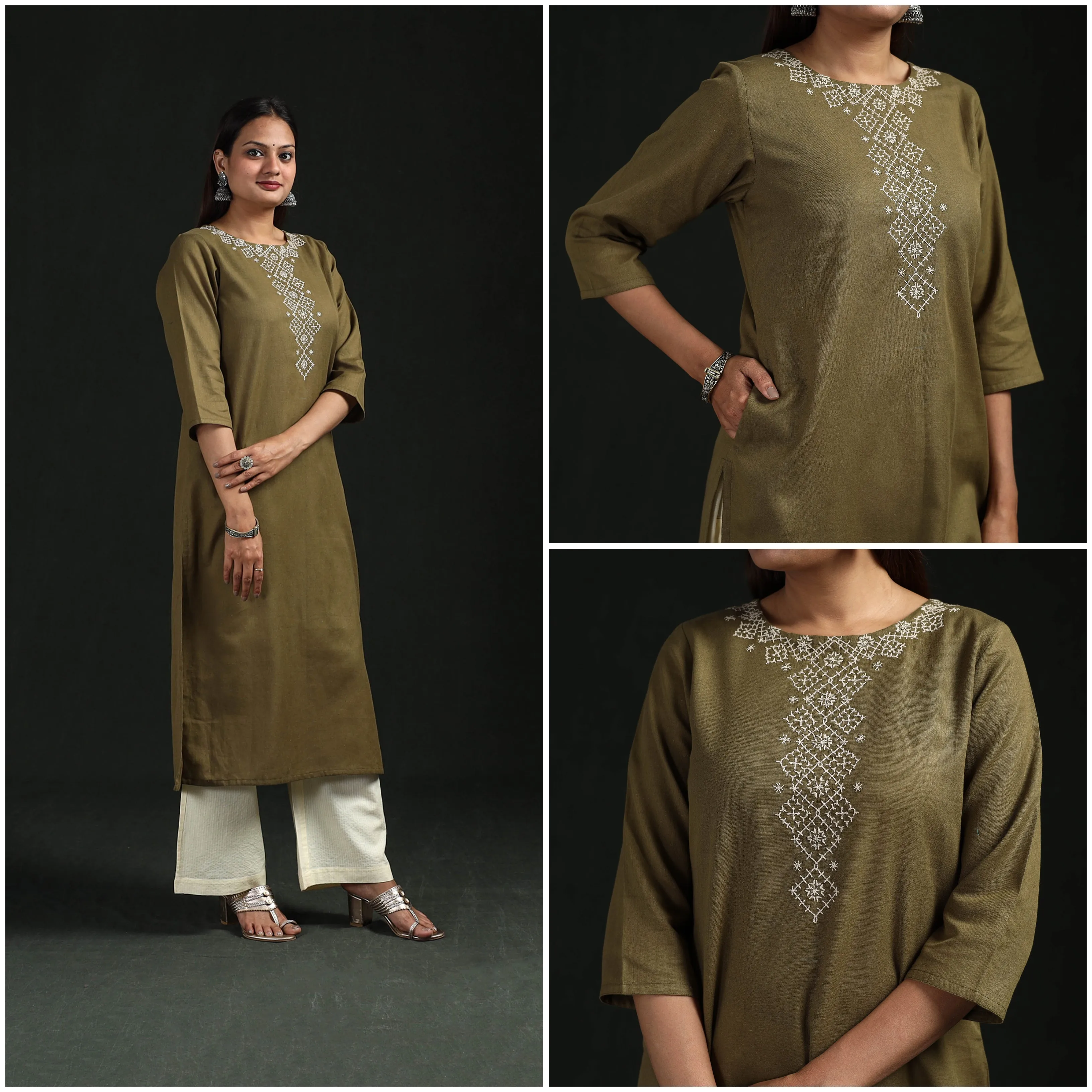 Green - Flex Cotton Plain Hand Embroidered Straight Kurta for women 14 sold by Itokri product image thumbnail 3