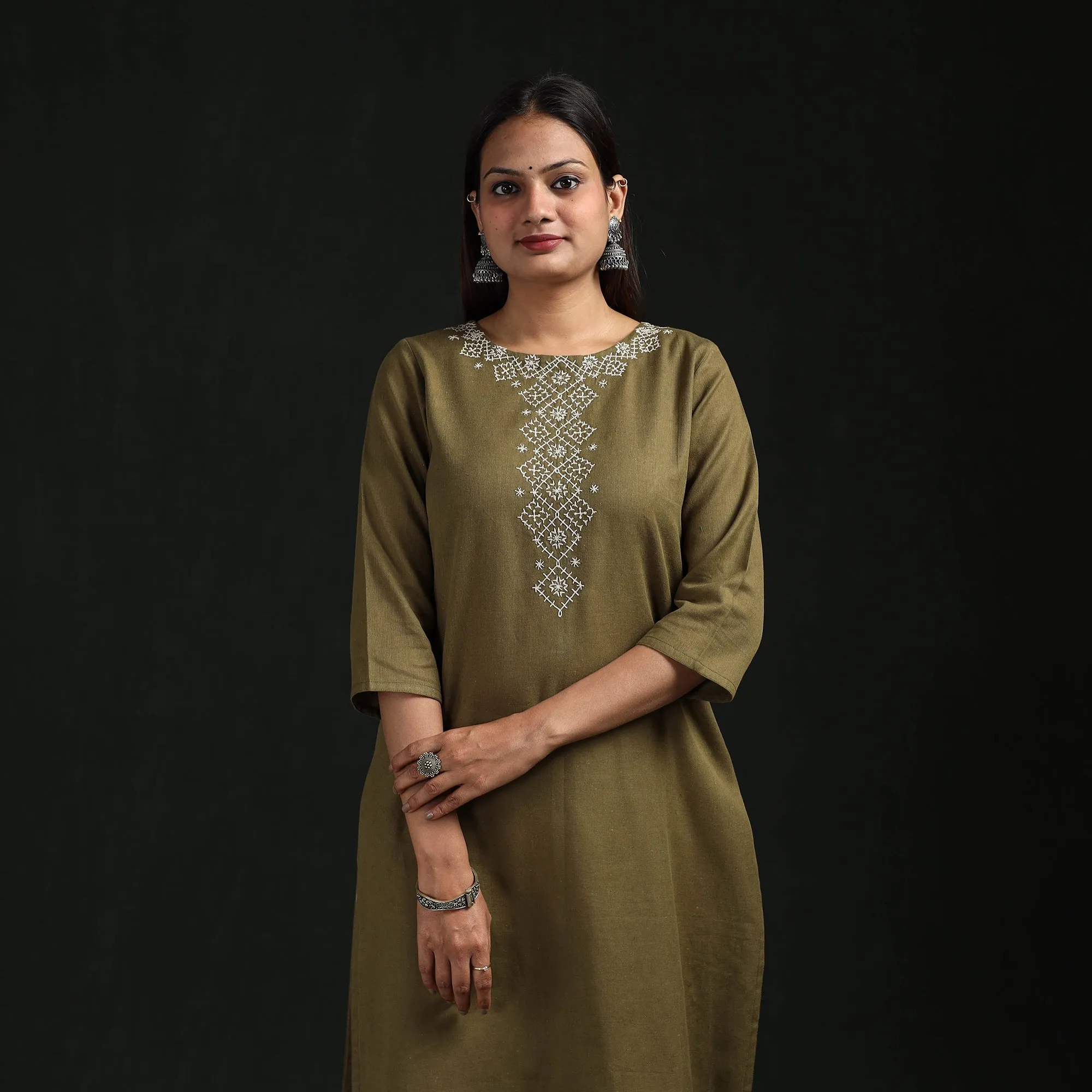 Green - Flex Cotton Plain Hand Embroidered Straight Kurta for women 14 sold by Itokri product image thumbnail 2