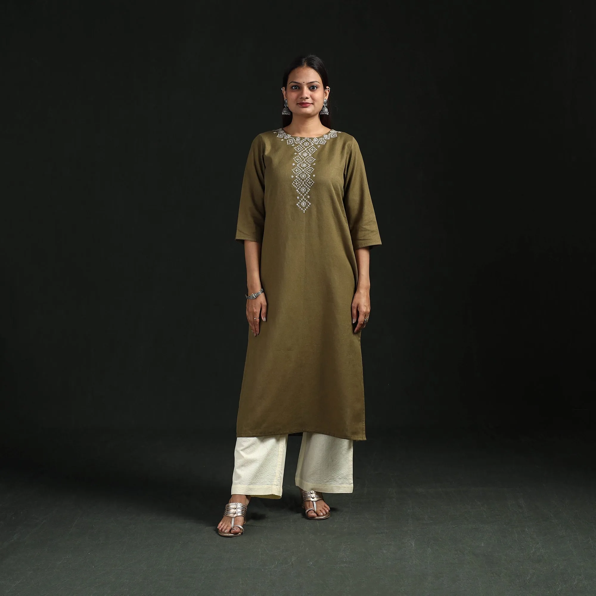 Green - Flex Cotton Plain Hand Embroidered Straight Kurta for women 14 sold by Itokri