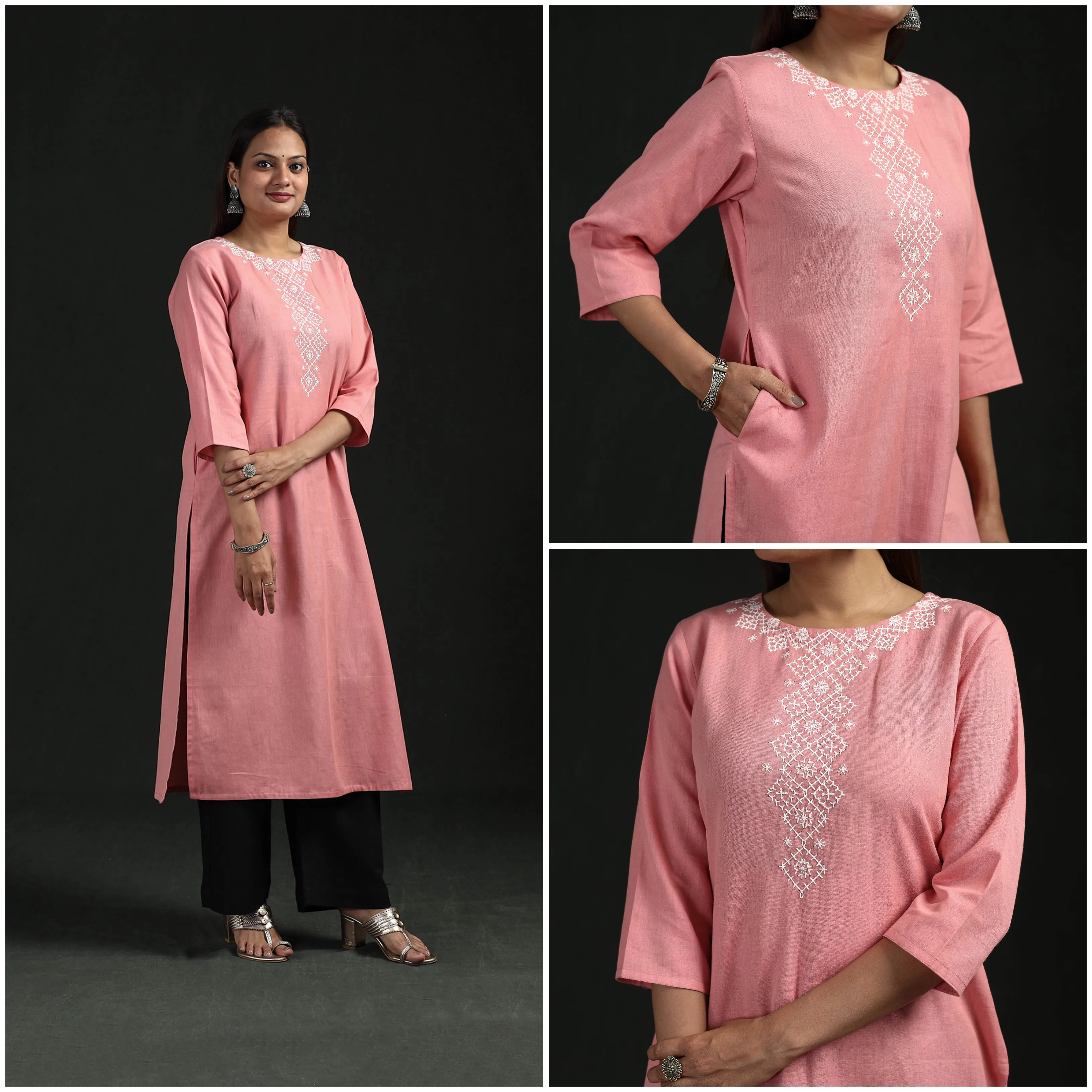 Pink - Flex Cotton Plain Hand Embroidered Straight Kurta for women 10 sold by Itokri product image thumbnail 3