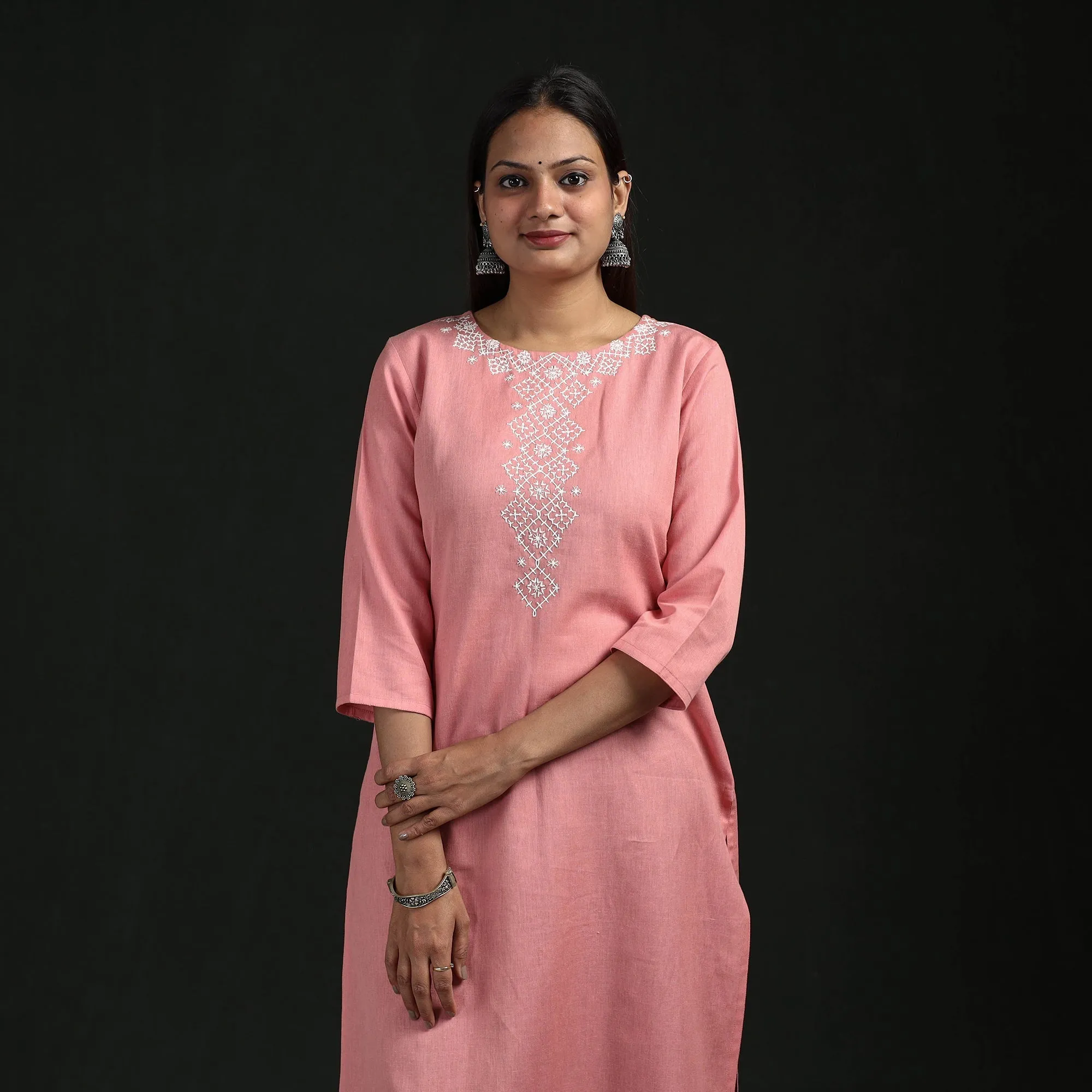 Pink - Flex Cotton Plain Hand Embroidered Straight Kurta for women 10 sold by Itokri product image thumbnail 2