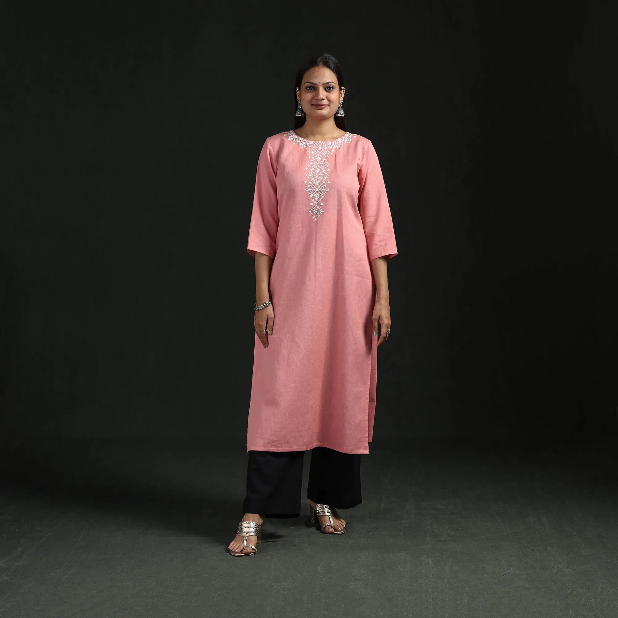 Pink - Flex Cotton Plain Hand Embroidered Straight Kurta for women 10 sold by Itokri