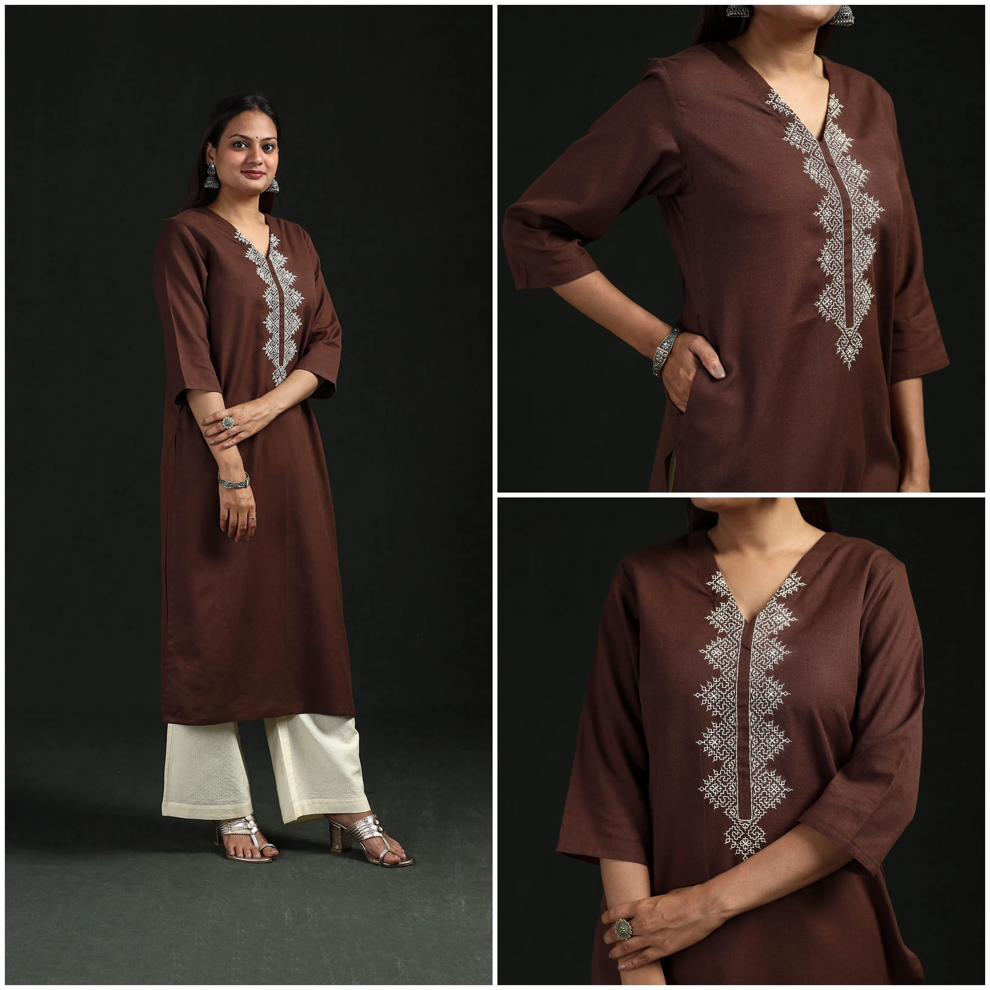 Brown - Flex Cotton Plain Hand Embroidered Straight Kurta for women 03 sold by Itokri product image thumbnail 3