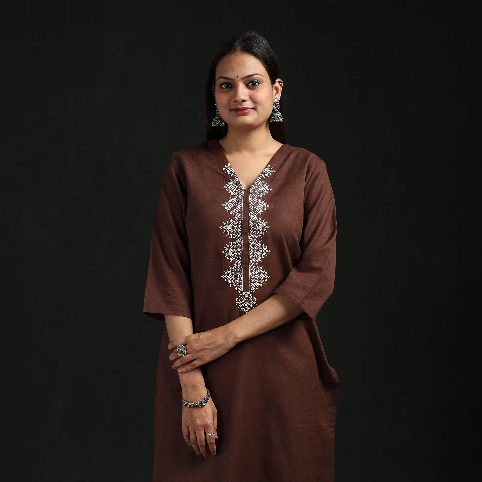 Brown - Flex Cotton Plain Hand Embroidered Straight Kurta for women 03 sold by Itokri product image thumbnail 2