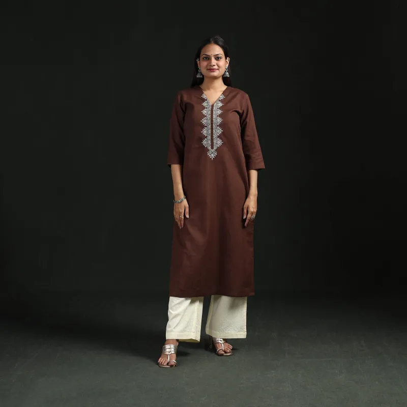 Brown - Flex Cotton Plain Hand Embroidered Straight Kurta for women 03 made by Itokri