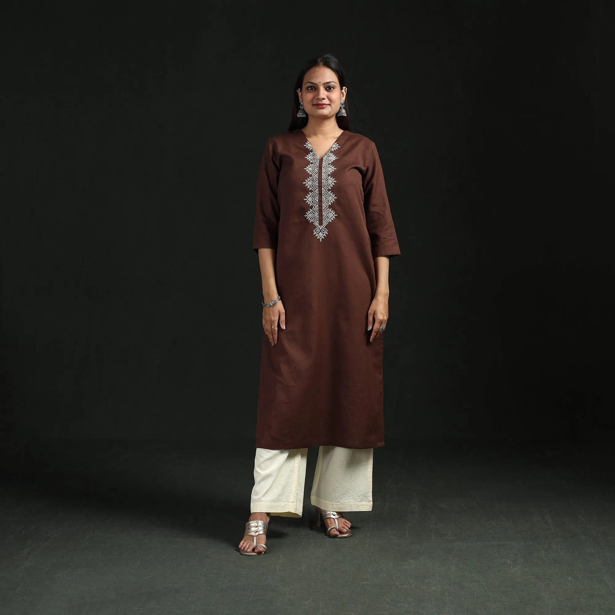 Brown - Flex Cotton Plain Hand Embroidered Straight Kurta for women 03 sold by Itokri