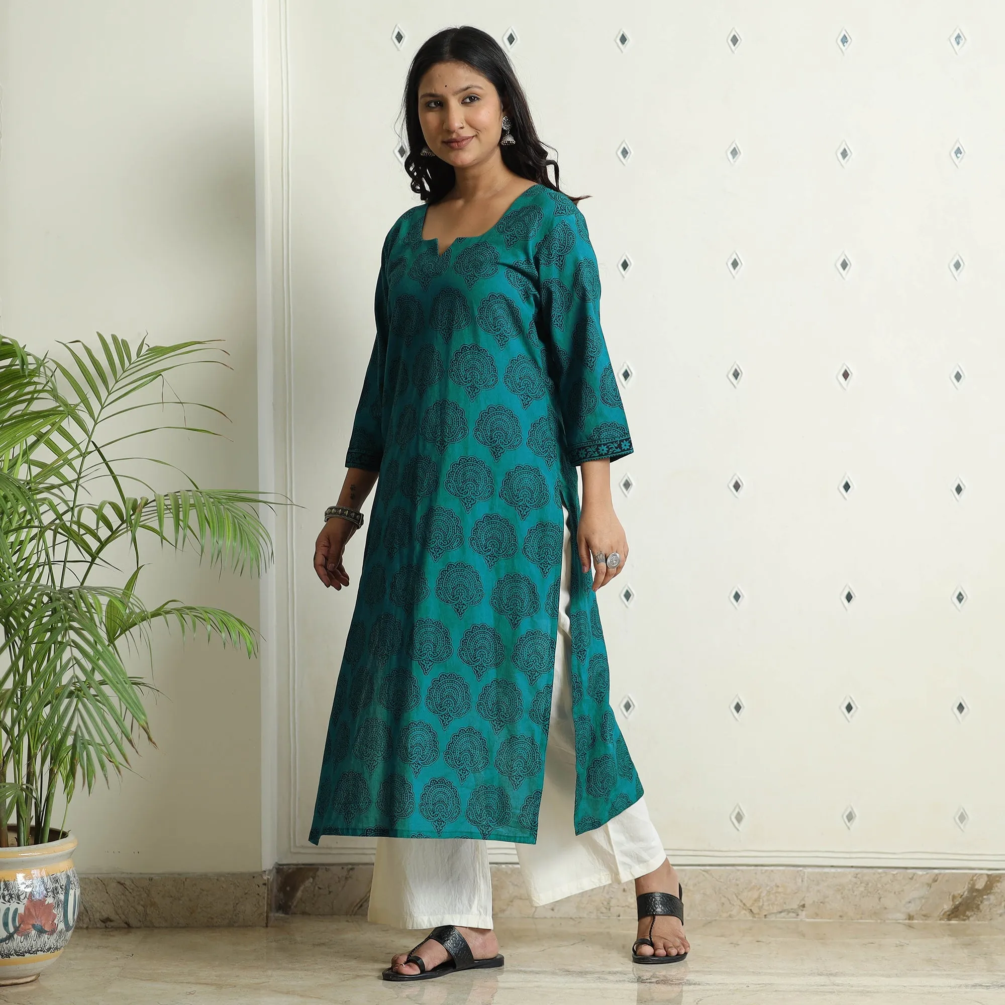 Green - Block Print Cotton Straight Bagh Kurta sold by Itokri product image thumbnail 3