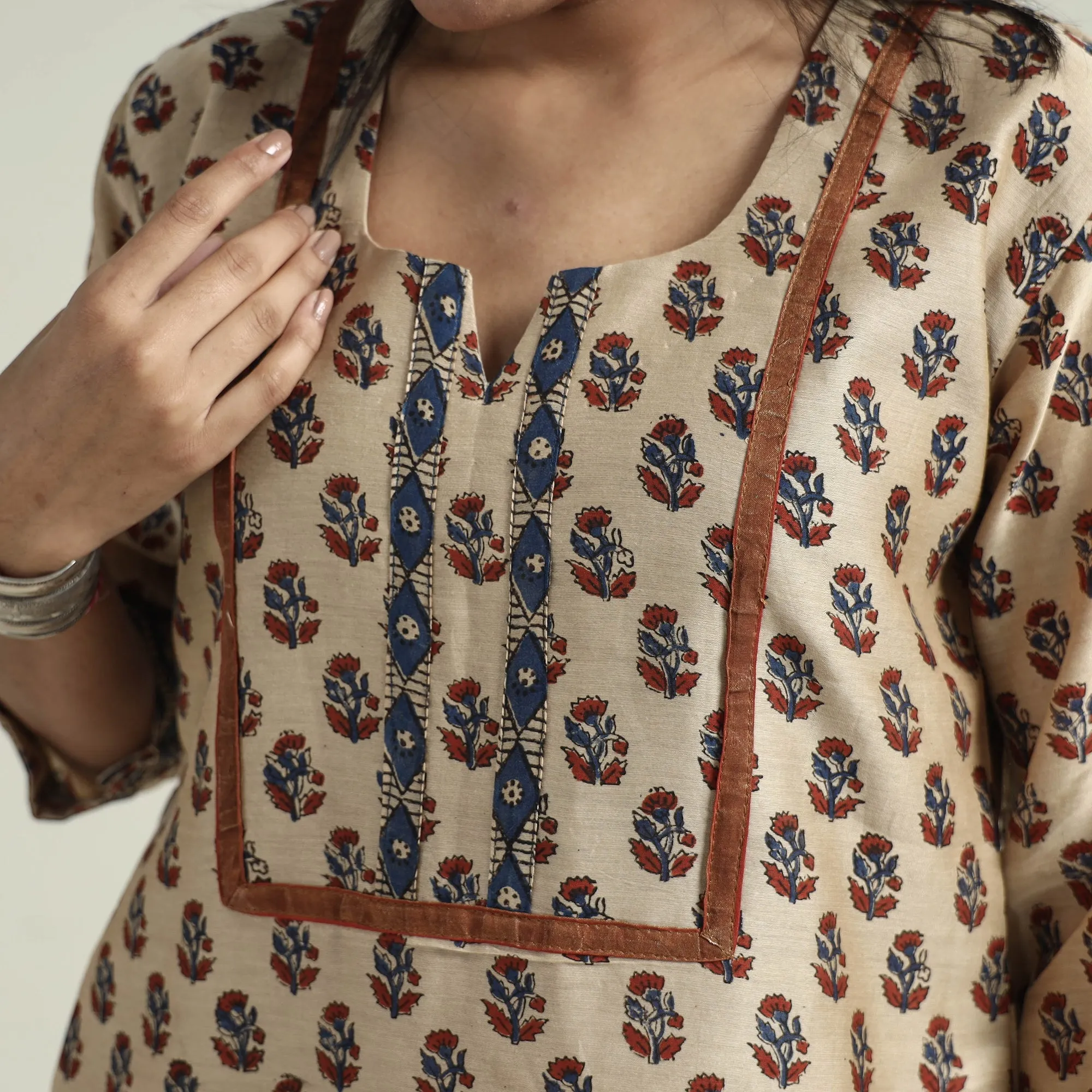 Beige - Bagru Block Printed Chanderi Silk Kurta with Palazzo & Dupatta Set sold by Itokri product image thumbnail 5