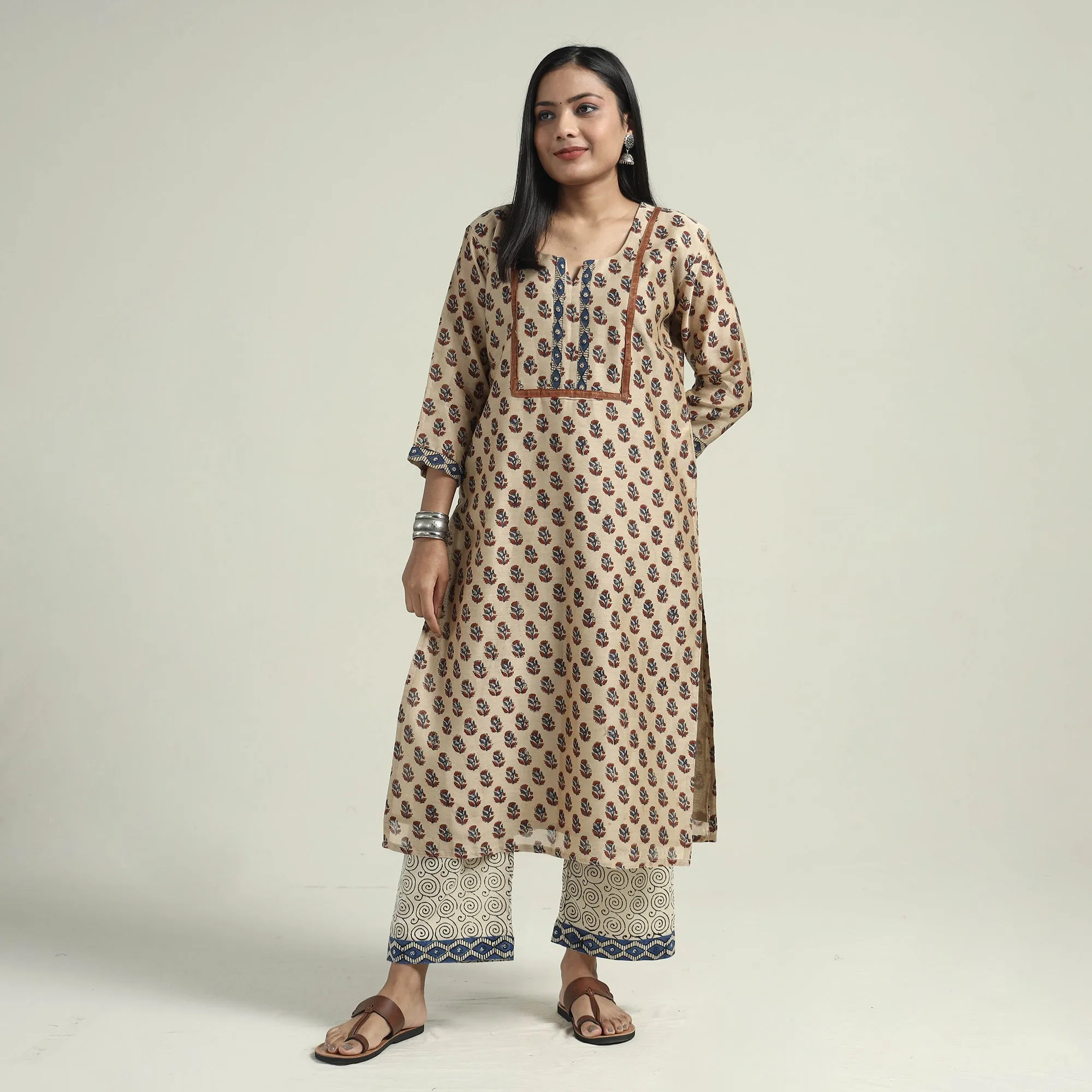 Beige - Bagru Block Printed Chanderi Silk Kurta with Palazzo & Dupatta Set sold by Itokri product image thumbnail 4