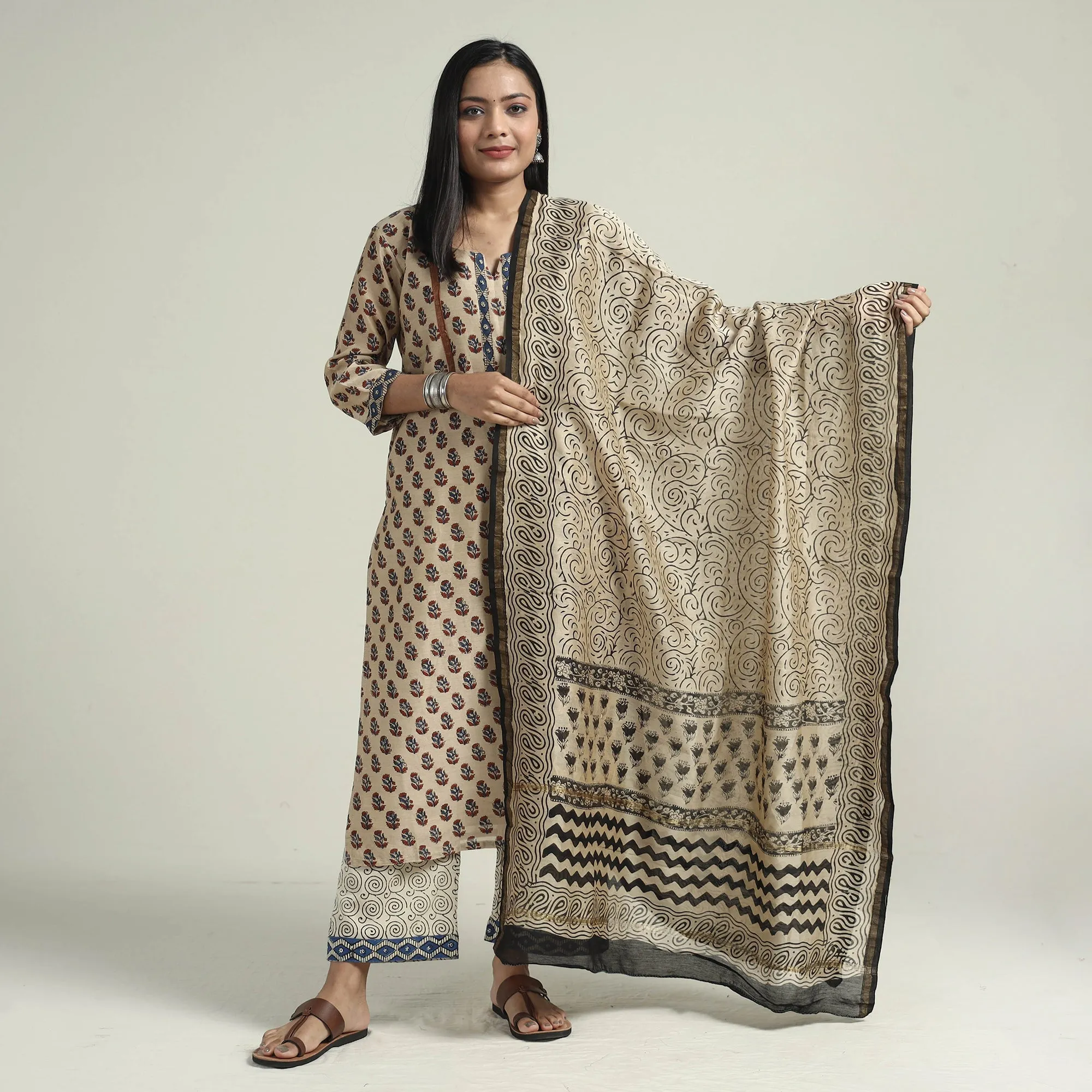 Beige - Bagru Block Printed Chanderi Silk Kurta with Palazzo & Dupatta Set sold by Itokri