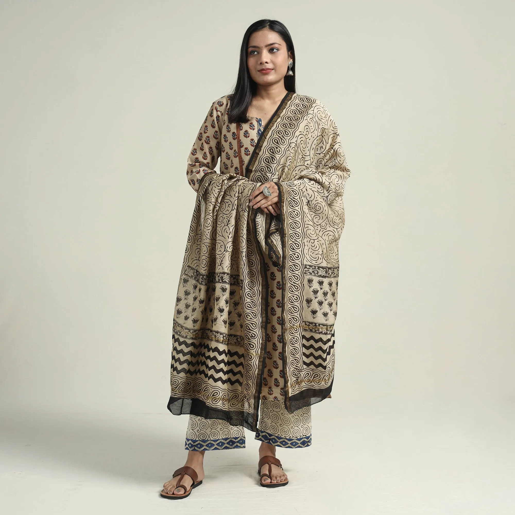 Beige - Bagru Block Printed Chanderi Silk Kurta with Palazzo & Dupatta Set sold by Itokri product image thumbnail 2