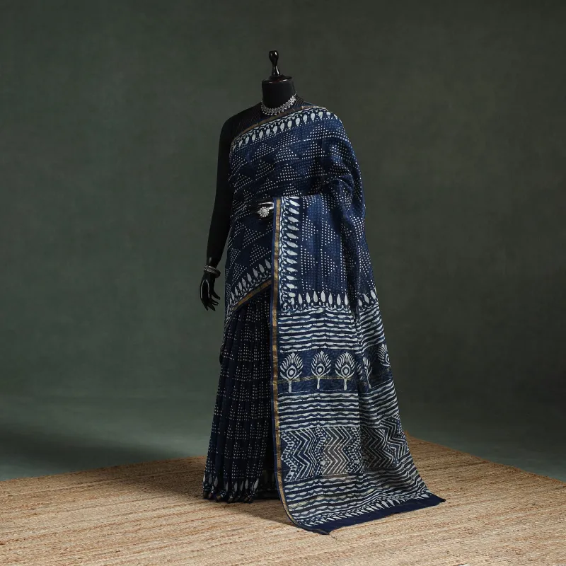 Blue - Chanderi Silk Natural Dyed Hand Block Indigo Dabu Bagru Print Saree 83 made by Itokri