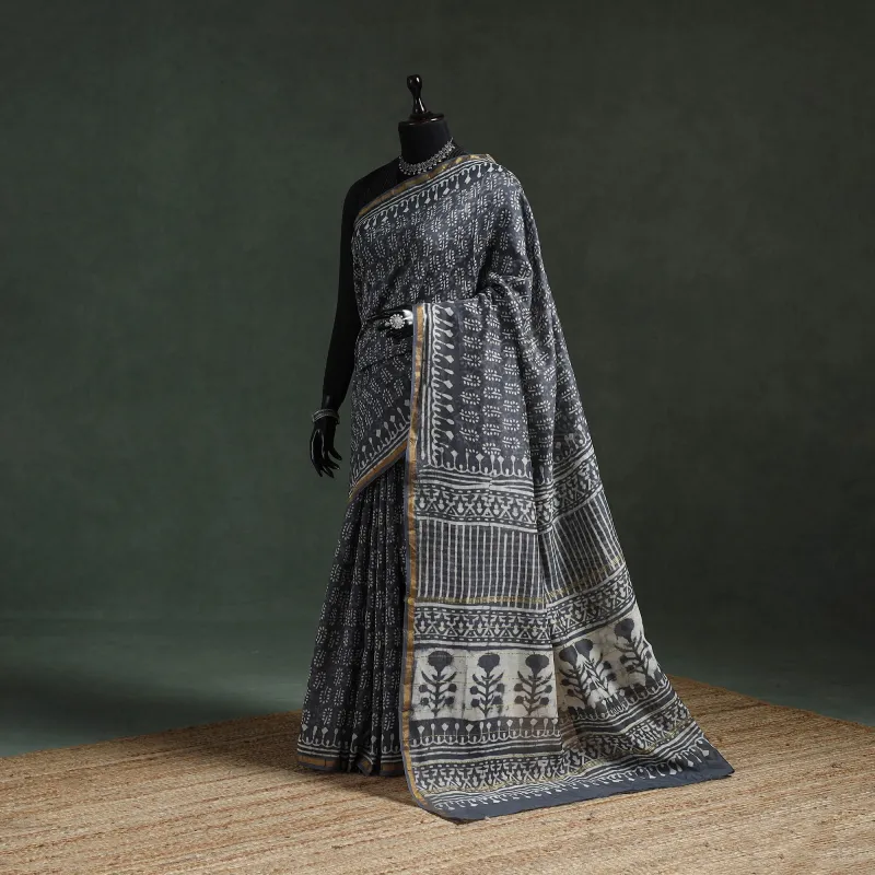 Grey - Chanderi Silk Hand Block Batik Print Saree 80 made by Itokri