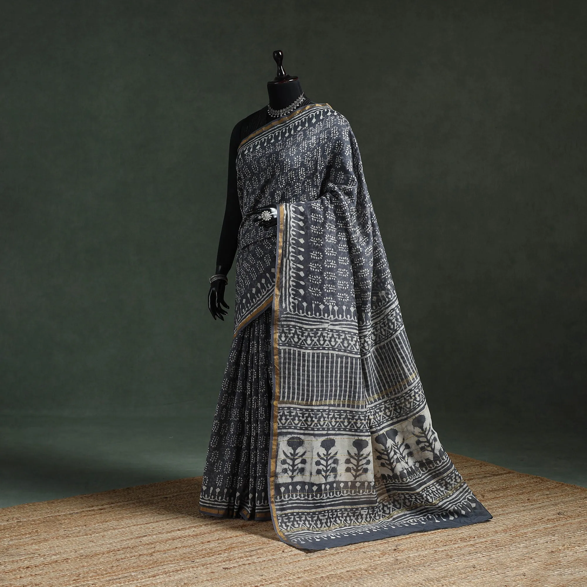 Grey - Chanderi Silk Hand Block Batik Print Saree 80 sold by Itokri