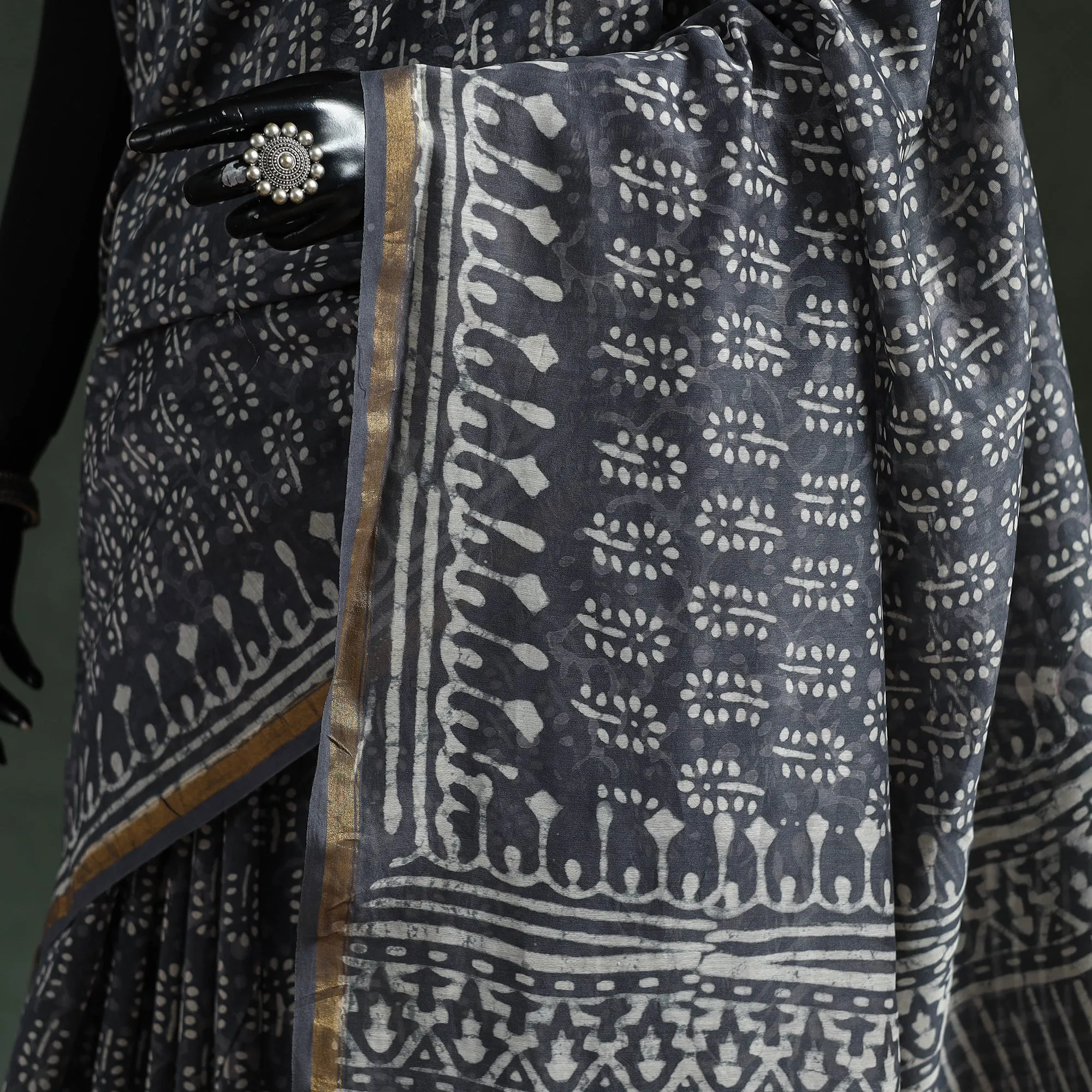 Grey - Chanderi Silk Hand Block Batik Print Saree 80 sold by Itokri product image thumbnail 3