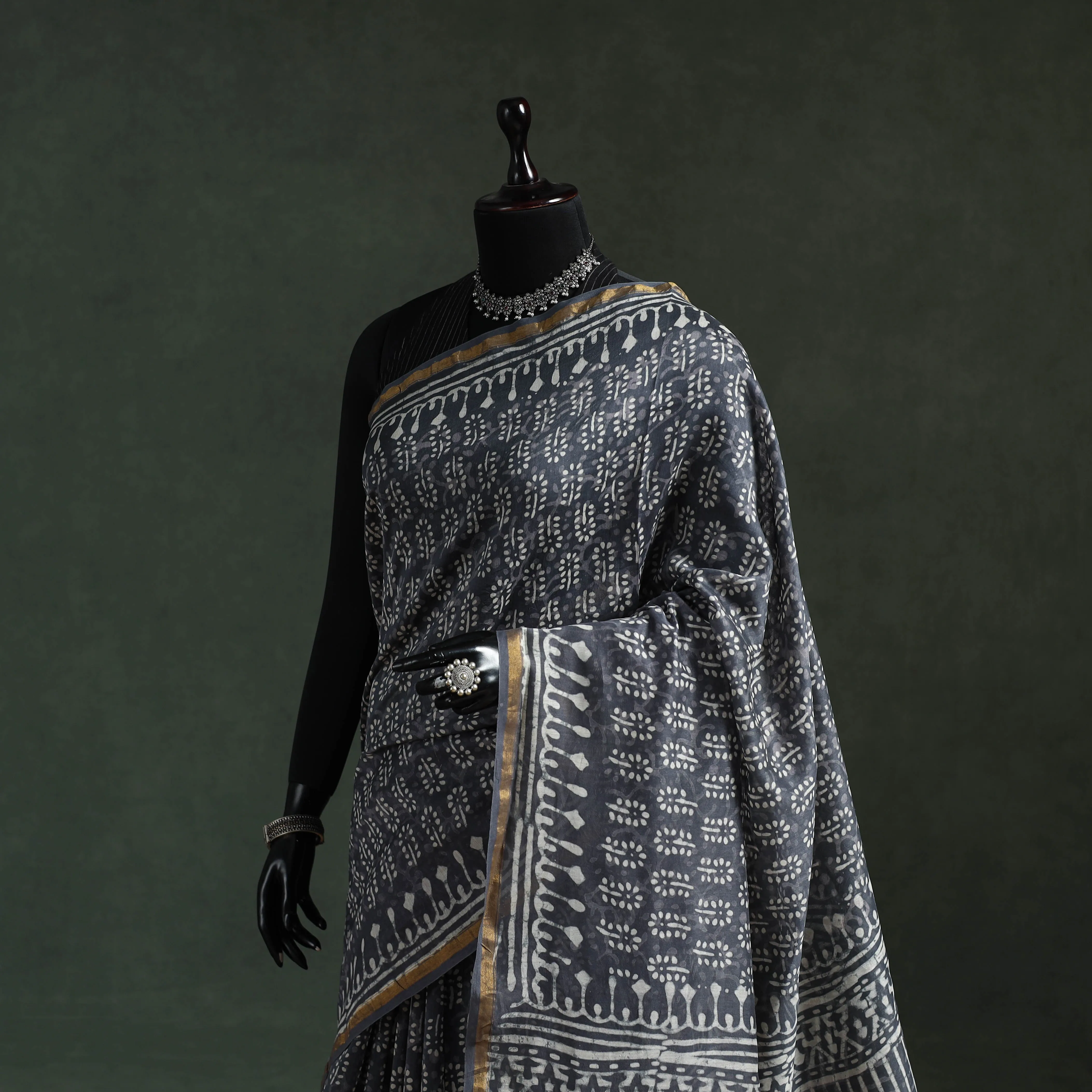 Grey - Chanderi Silk Hand Block Batik Print Saree 80 sold by Itokri product image thumbnail 2