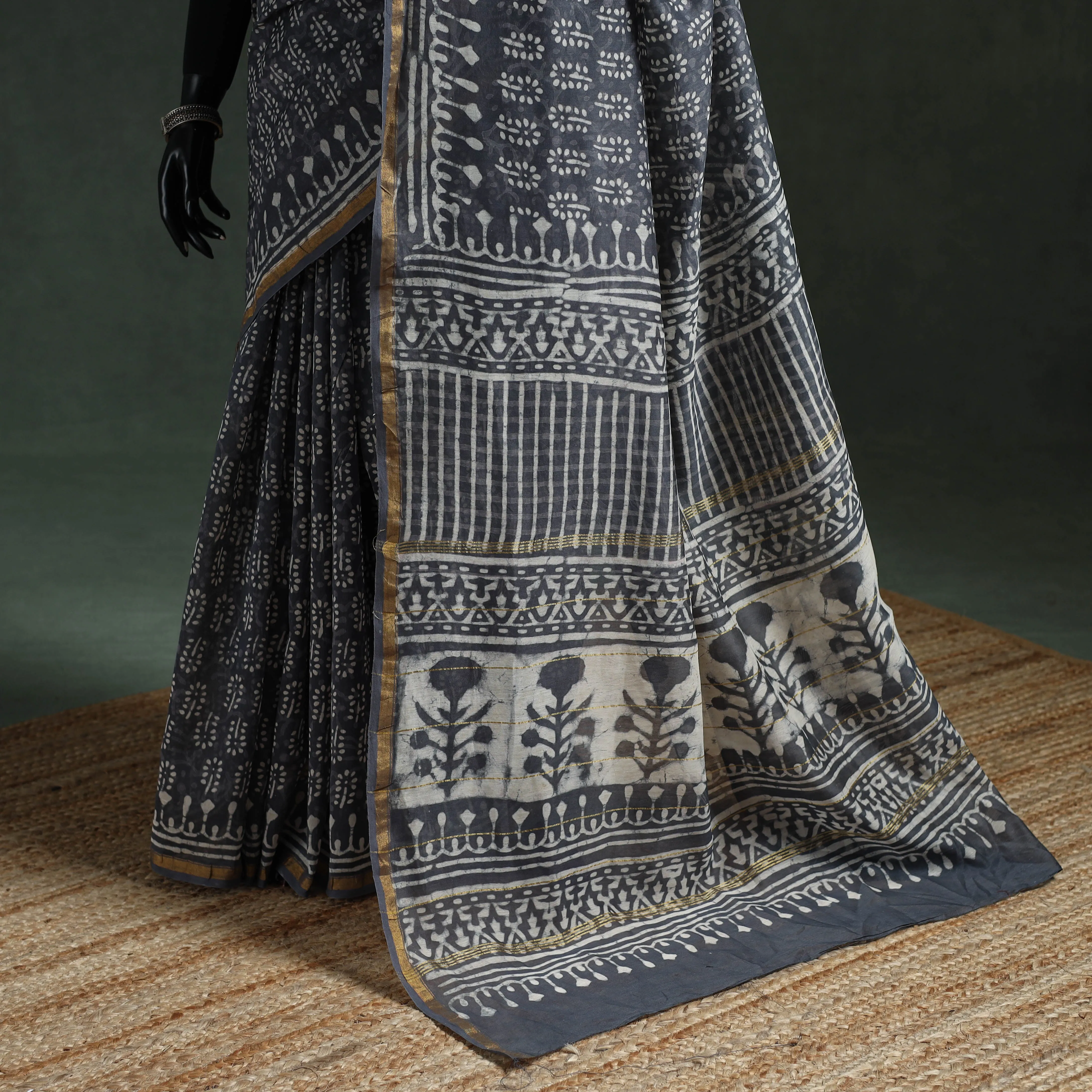 Grey - Chanderi Silk Hand Block Batik Print Saree 80 sold by Itokri product image thumbnail 4