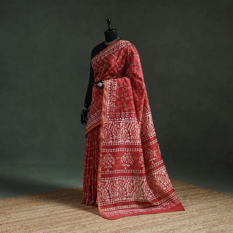 Red - Chanderi Silk Hand Block Batik Print Saree 77 made by Itokri