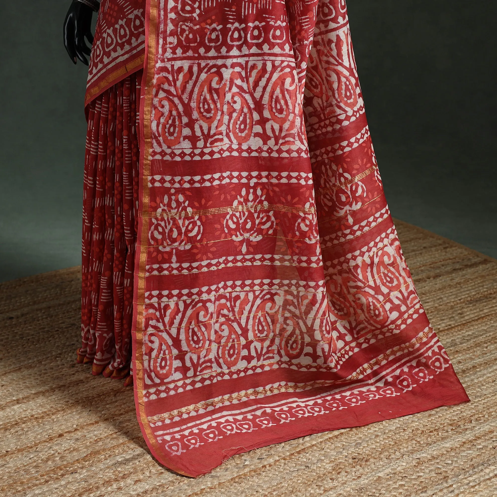 Red - Chanderi Silk Hand Block Batik Print Saree 77 sold by Itokri product image thumbnail 4