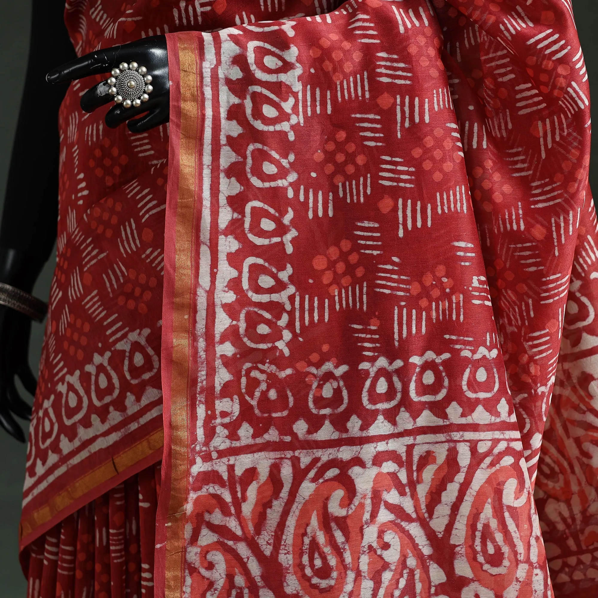 Red - Chanderi Silk Hand Block Batik Print Saree 77 sold by Itokri product image thumbnail 3