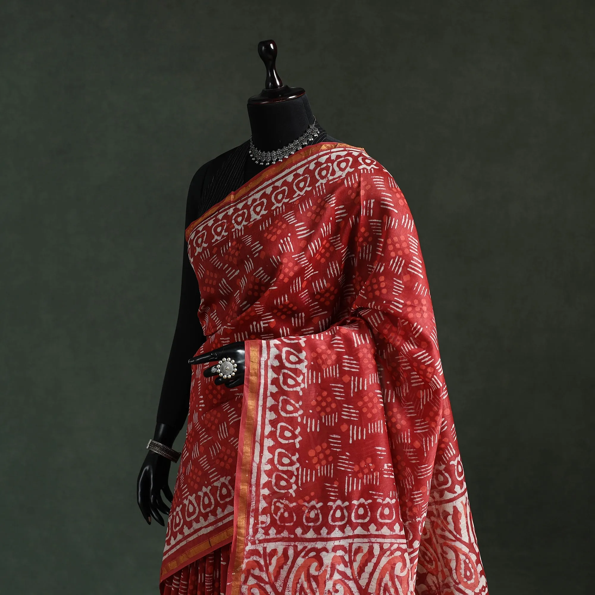 Red - Chanderi Silk Hand Block Batik Print Saree 77 sold by Itokri product image thumbnail 2