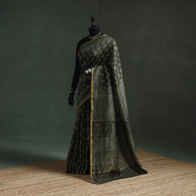 Green - Chanderi Silk Hand Block Batik Print Saree 73 sold by Itokri